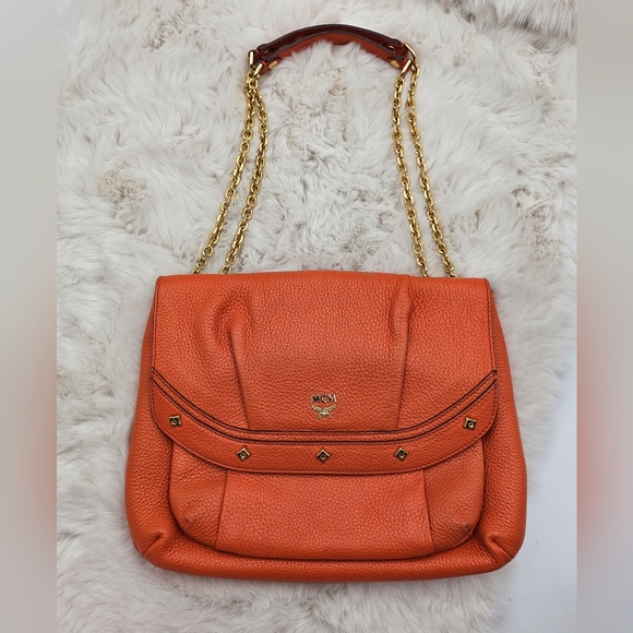 Auth. MCM‎ bright orange leather vintage gold chain crossbody convertible strap - Picture 1 of 17